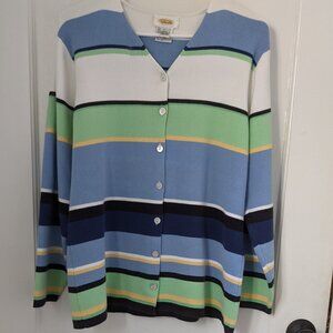Talbots Button Up Striped Cardigan Sweater Women's Large Classic LS